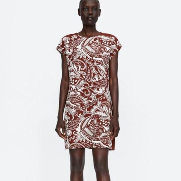 Zara Brown Embroidered Potato Bag Dress Short Sleeve Mini Women's Small - Picture 1 of 14
